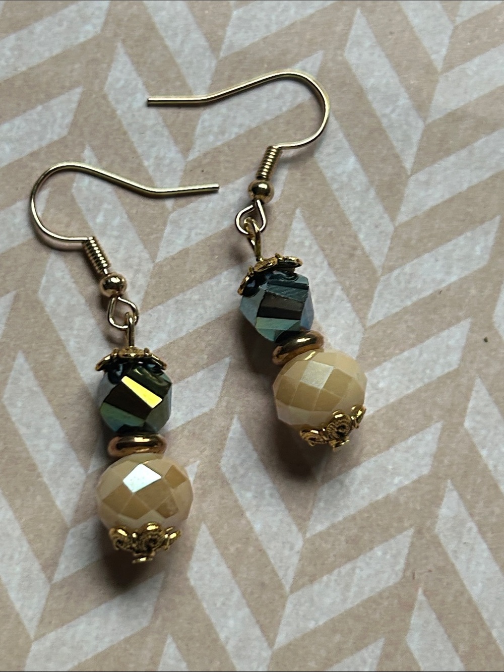 Fall Gold-Tone Beige and Iridescent Glass Bead Drop Earrings